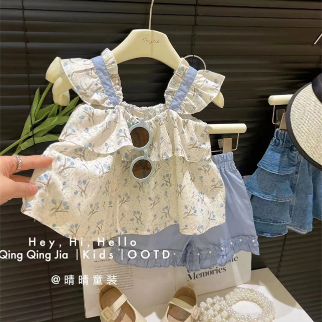 女童夏装套装夏日小清新碎花吊带背心木耳钉珠短裤两件套GC0153鱼