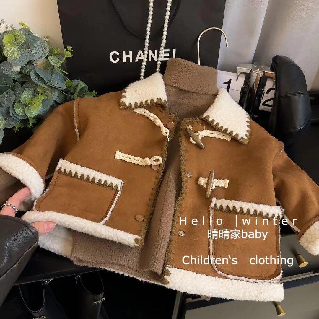 女童秋冬外套儿童毛毛一体拼接加厚保暖御寒百搭短款上衣23552稚