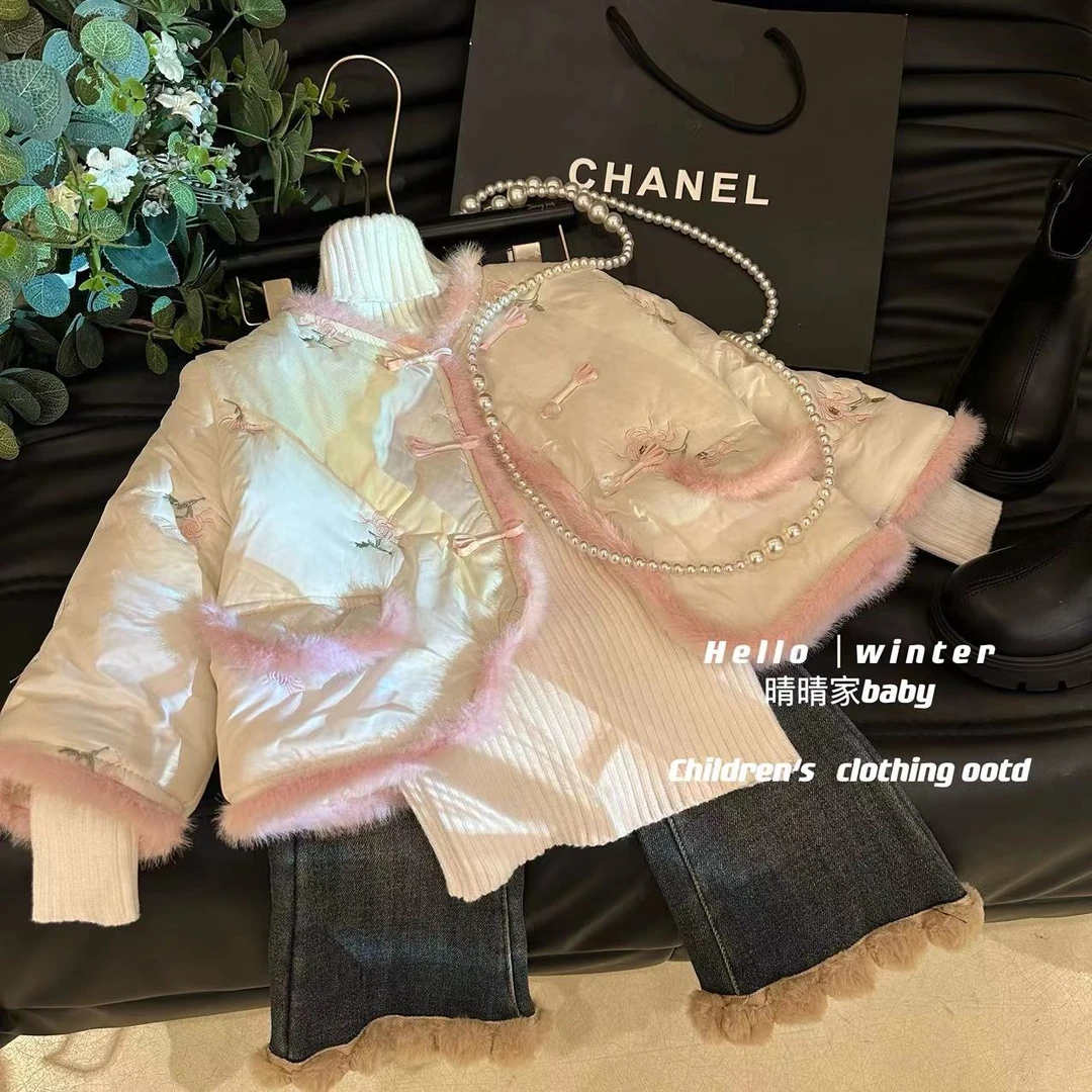 女童秋冬洋气外套儿童毛毛加厚国风刺绣保暖短款棉服棉袄GC0575鱼