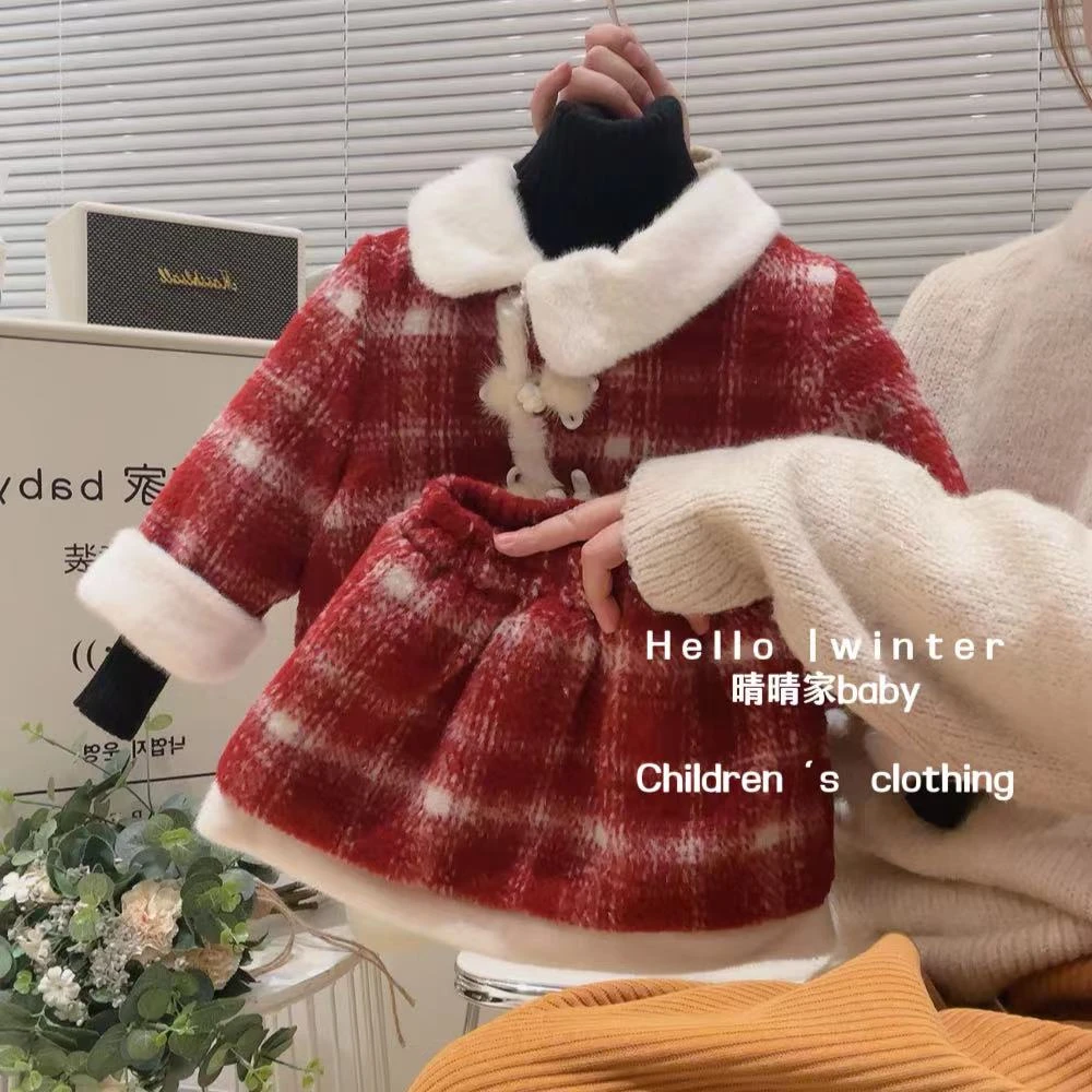 女童秋冬小香风套装儿童毛毛翻领包边加厚外套短裙两件套GC0506鱼