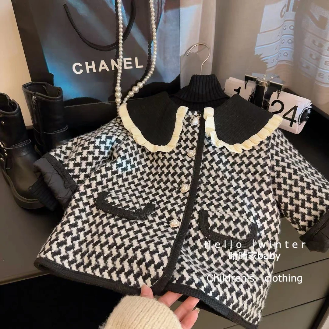 女童秋冬小香风外套儿童洋气千鸟格编织韩版加厚保暖上衣TW282鱼