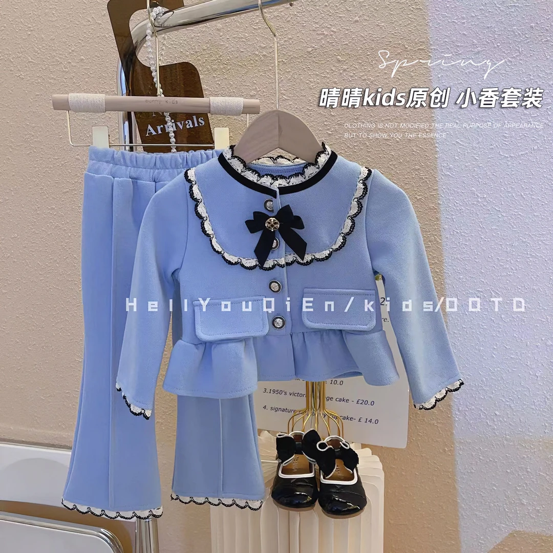 女童春装套装童装春春网红小香风花边上衣+裤子洋气两件套GW1202