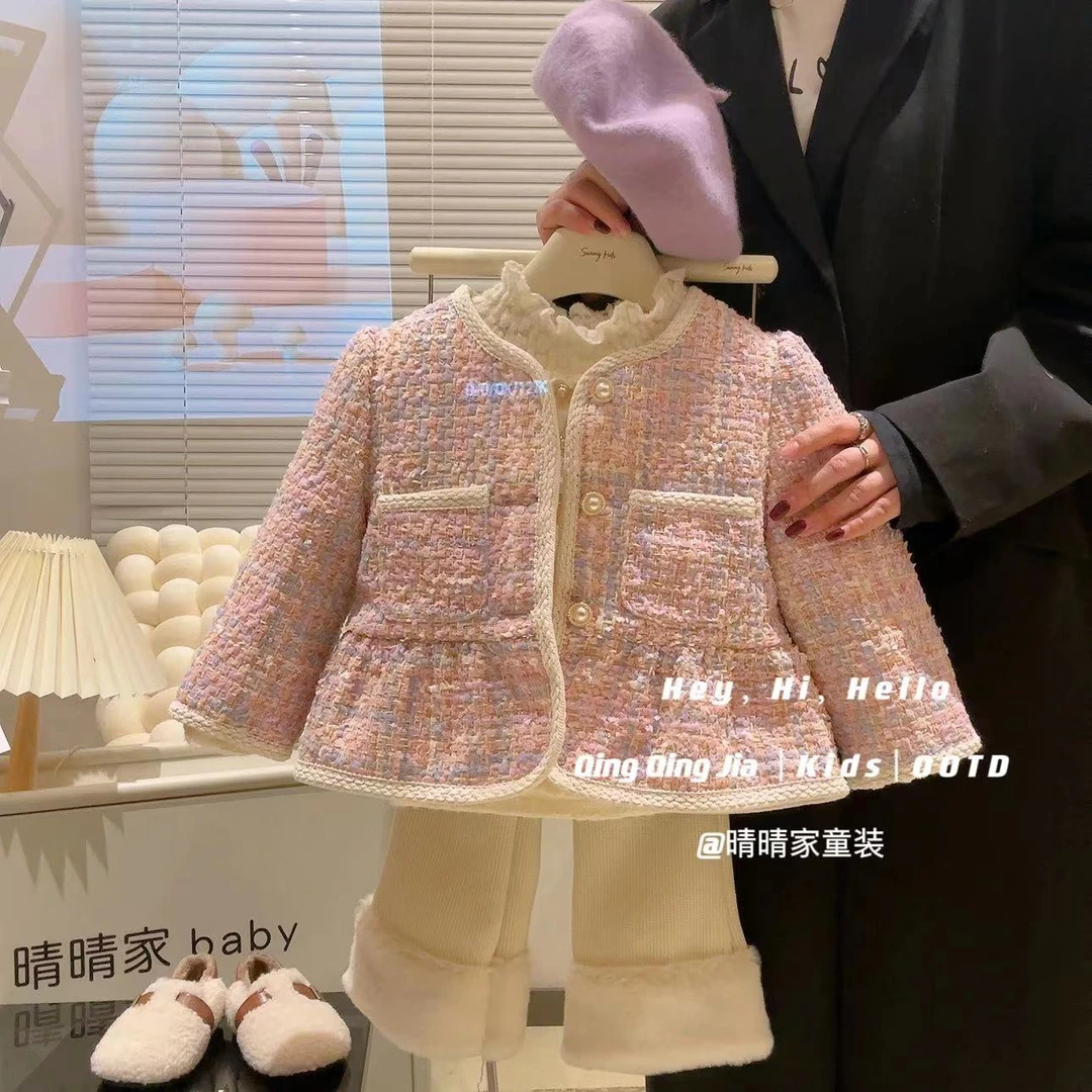 儿童秋冬外套女童洋气小香风编织加厚时尚韩版宝宝上衣D68168嘉
