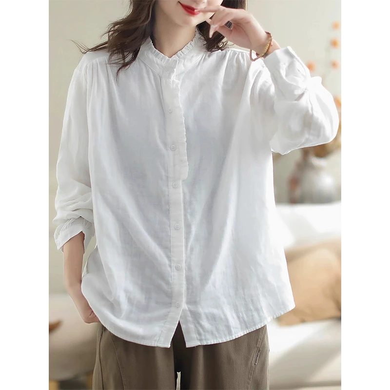 CS1095长袖休闲百搭文艺显瘦时尚复古设计感衬衫花边领纯棉衬衣