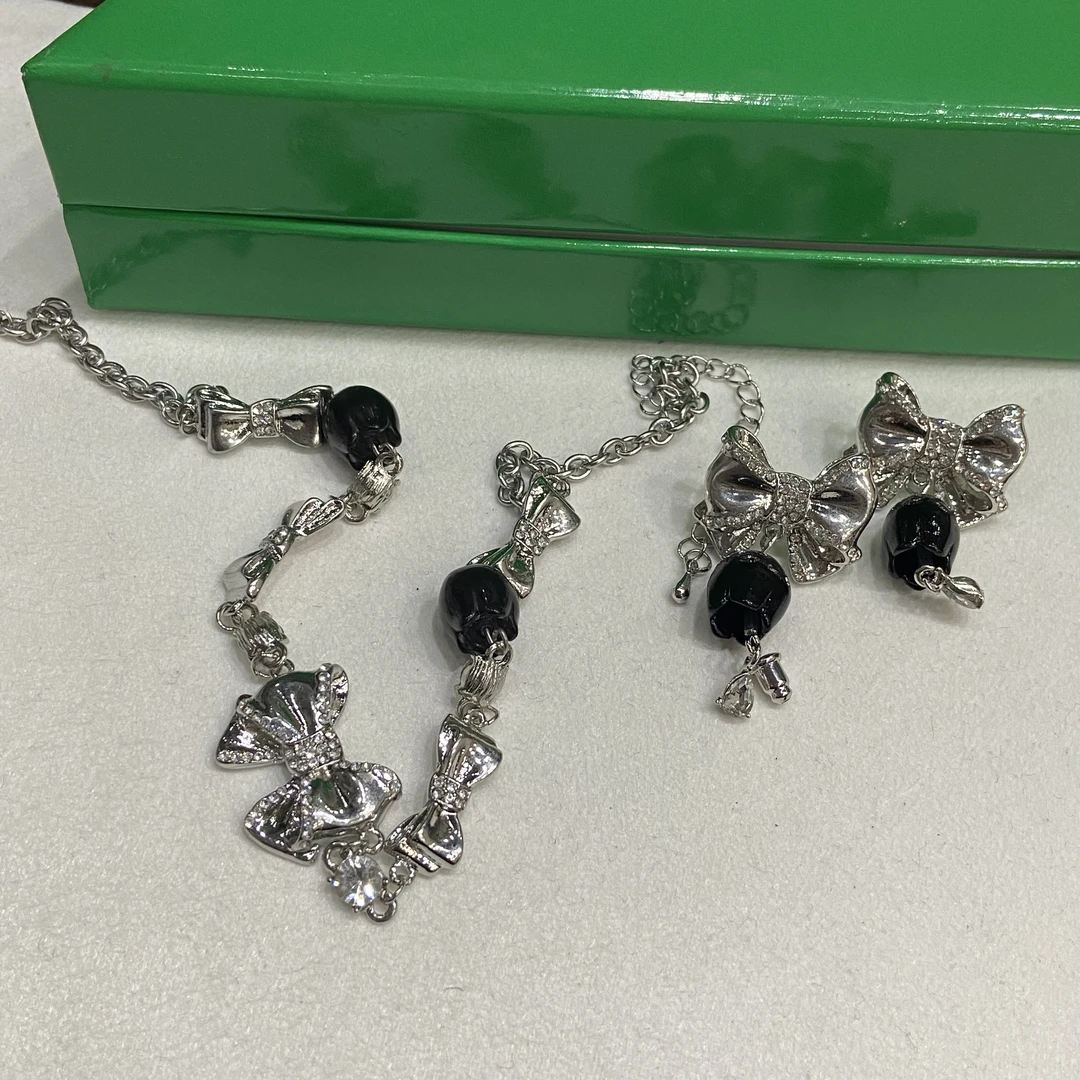 钛钢项链 钛钢项链 钛钢项链 黑色铃兰蝴蝶结小众耳饰项链-2722