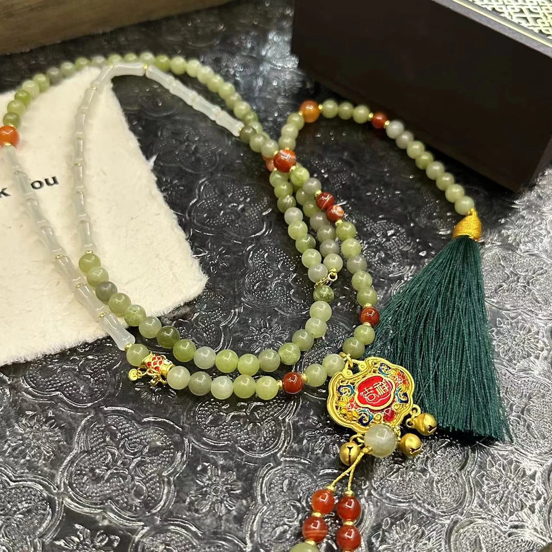 铜合金项链 平安锁绿色竹节项链-0628