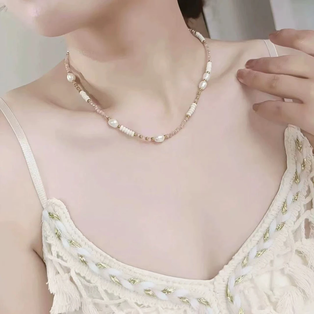 钛钢项链 超仙粉色串珠项链-0287