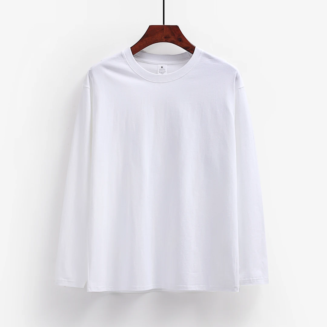 重磅纯棉纯色长袖t恤春秋女白色圆领简约宽松百搭中长款打底衫