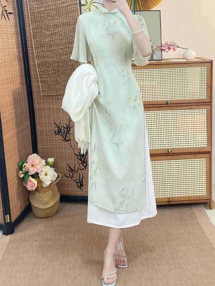 白鹭 ）粉色奥黛旗袍裙小个子遮肉新中式春夏优雅显瘦改良