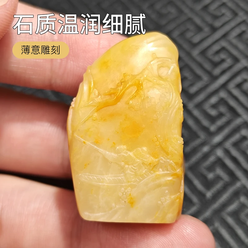 寿山石雕，寿山田黄石印章摆件，白田印章 石质温润细腻 薄意雕刻