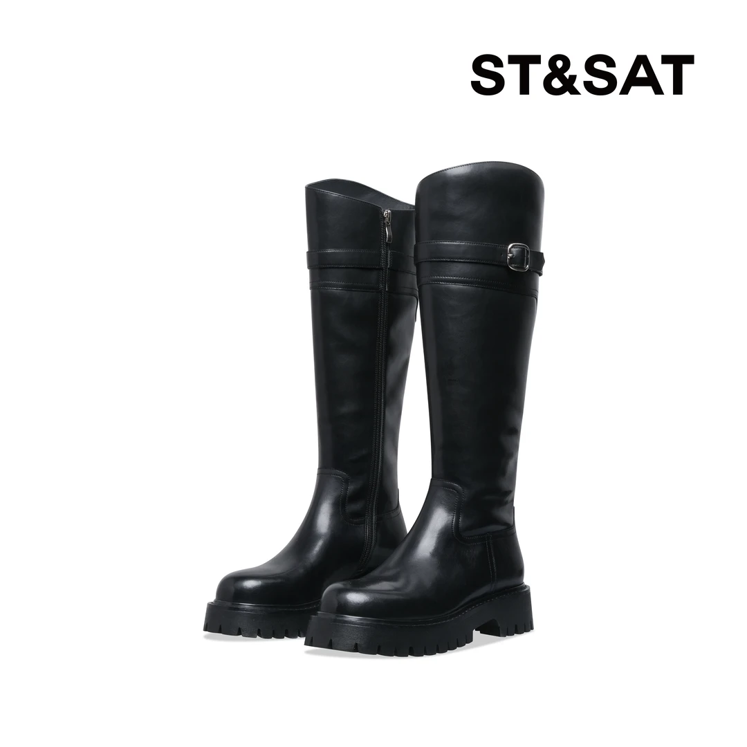 【反转巴黎】星期六时装靴冬季2025秋冬黑色真皮骑士女靴SS34117R09