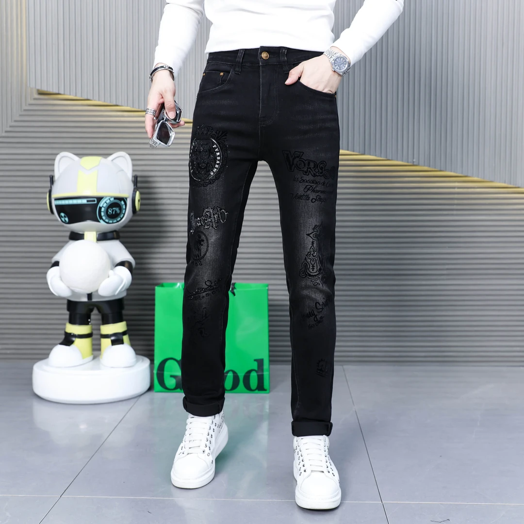 2023秋季新款欧货印花男士刺绣个性弹力百搭黑色修身休闲裤小脚裤