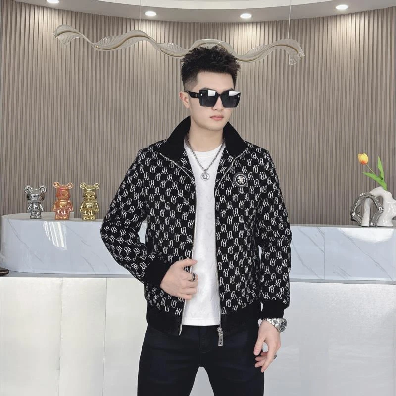 冬季轻奢休闲男士印花立领修身潮流加厚加棉外套休闲男外套满印