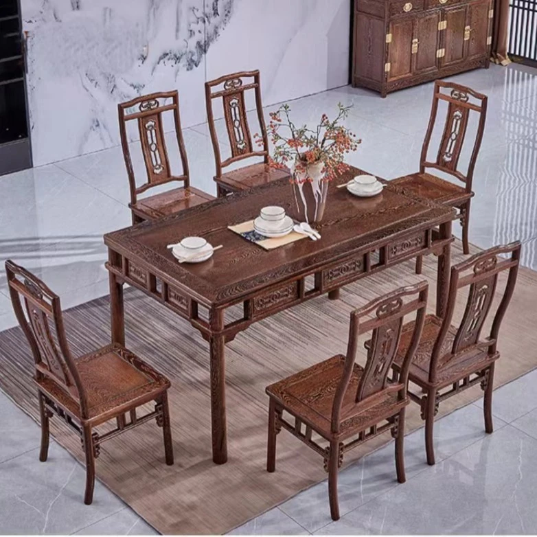 实木明式长方形餐桌 一桌六椅组合新中式饭桌