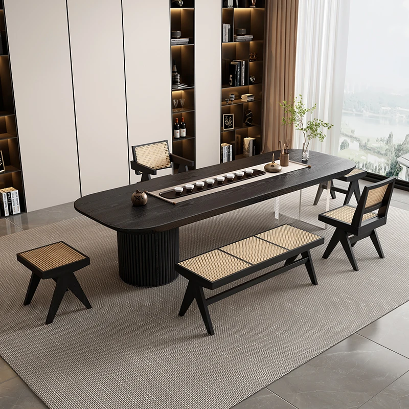 现代侘寂风茶台茶几高档原木泡茶桌椅组合设计师碳化黑色实木茶桌