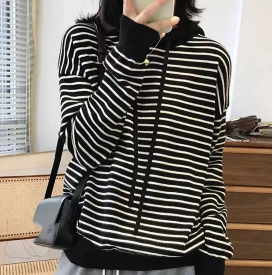 黑白条纹连帽套头毛衣宽松外穿长袖气质洋气针织衫