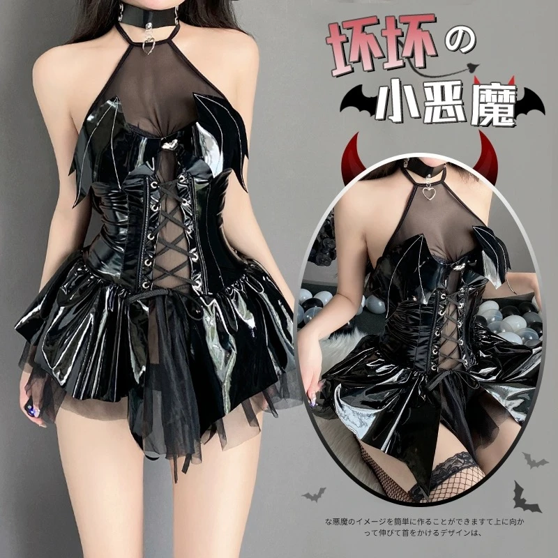 【月光美人】小恶魔漆皮连衣裙亮面pu蝙蝠绑带热辣短裙皮裙性感欧美