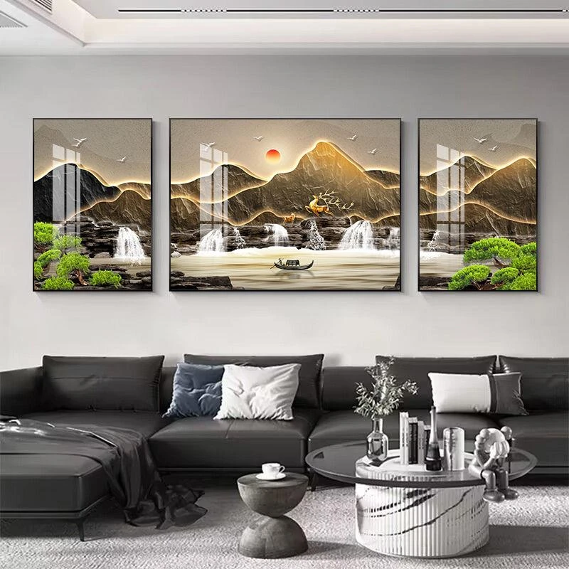 迎客松山水客厅装饰画简约现代沙发背景墙中式三联画壁画轻奢挂画