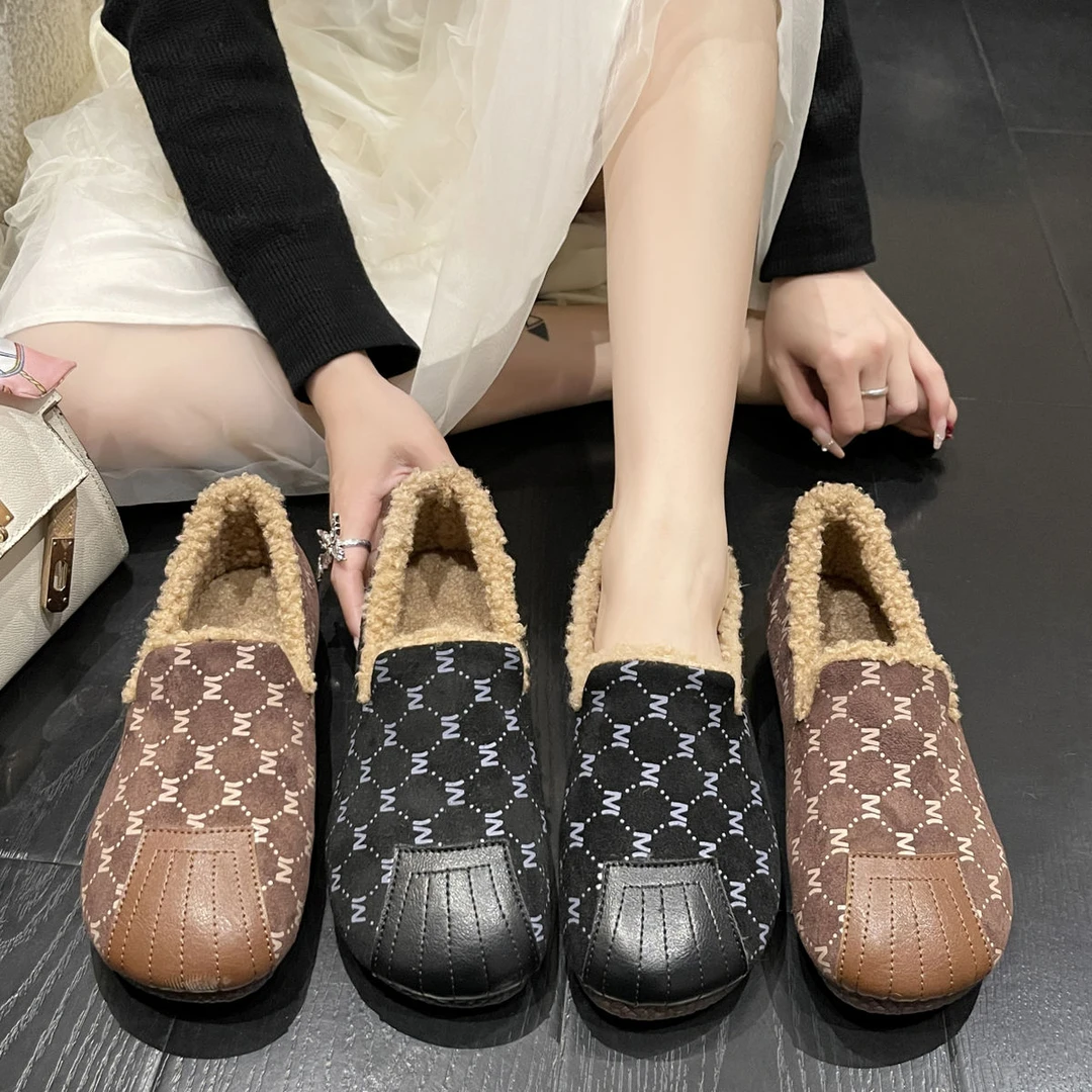 软底加绒豆豆鞋女2025冬季新款时尚保暖一脚蹬平底毛毛鞋雪地靴女