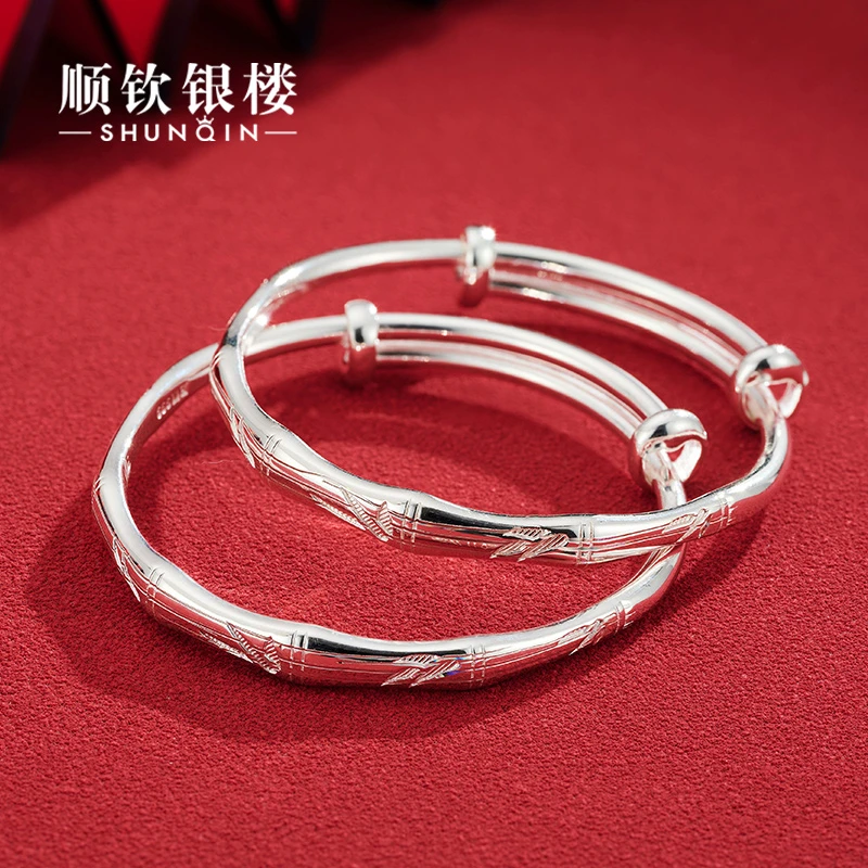 顺钦银楼 足银手镯 9999竹叶竹节彩丝宝宝手镯简约可调节六一礼物