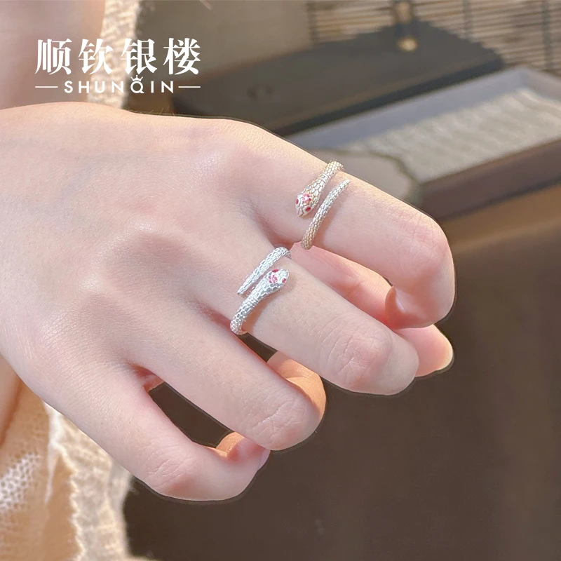 顺钦银楼 足银戒指 【桃花蛇戒指】足银999.9银戒指挑花蛇个性小众