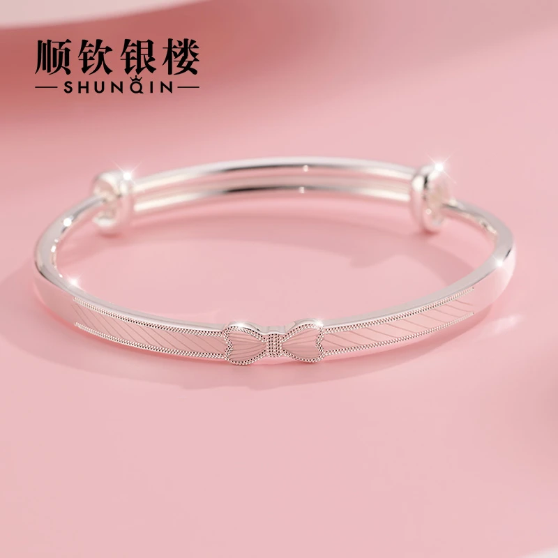 顺钦银楼 足银手镯 9999纯银手镯女蝴蝶结彩丝小众气质镯子时尚