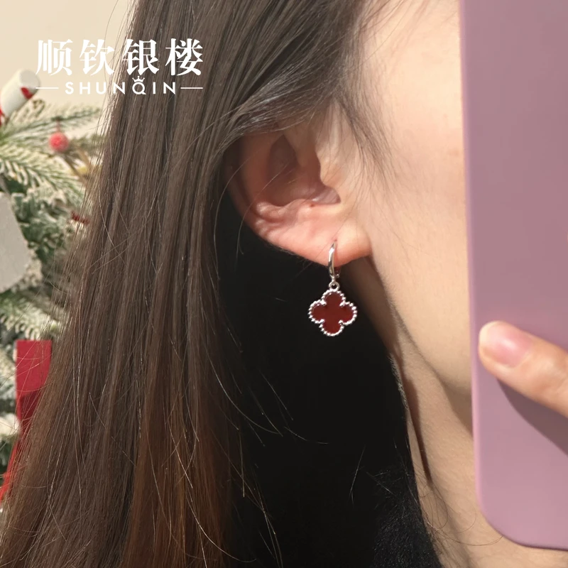 顺钦银楼【回泱耳环】S925银四叶草玛瑙耳环时尚百搭精致