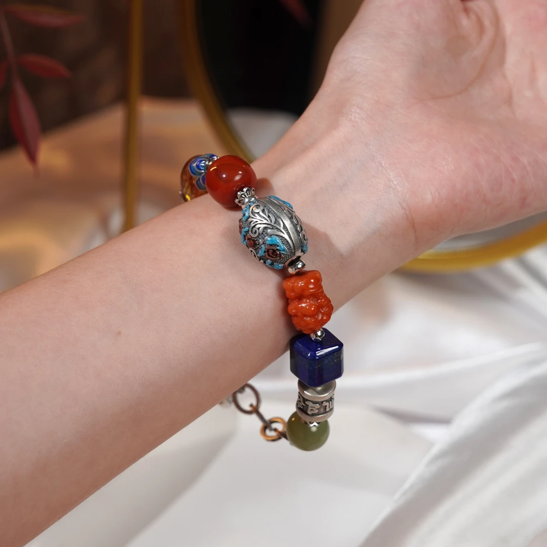 顺钦银楼 925银手链 【裕佳手串】银S925手链时尚复古多彩气质百搭