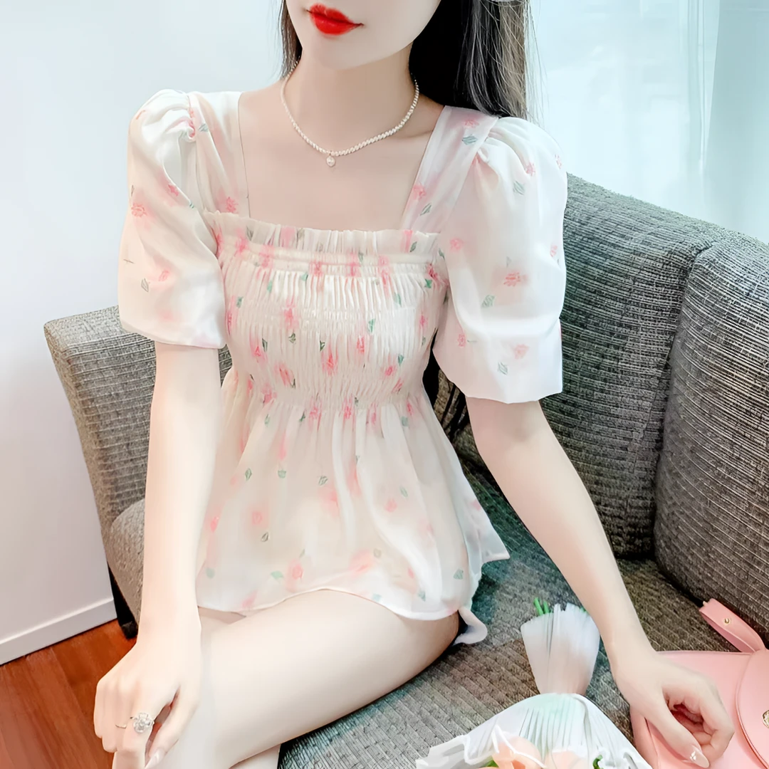 雪纺衫印花洋气小衫夏季新款甜美显瘦收腰上衣女01-50