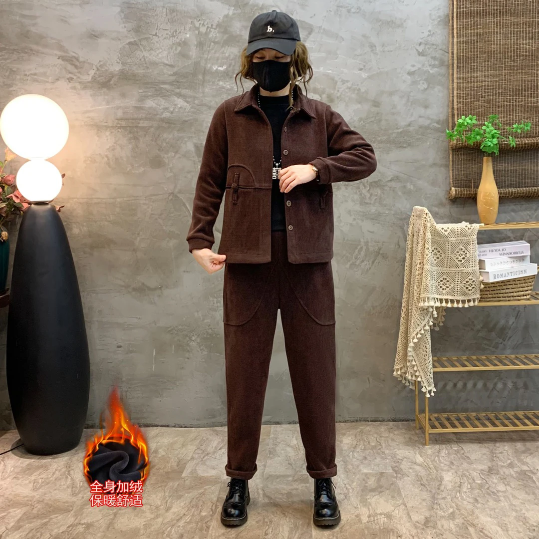 秋冬中老年时尚加绒翻领气质显瘦减龄百搭长袖休闲欧绵绒女士套装
