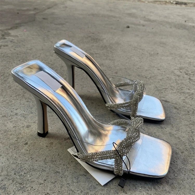 西班牙潮牌2025夏季新款高跟方头露趾水钻外穿透明一字带凉拖鞋女