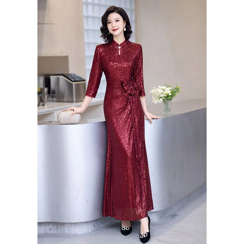 年会主持高端婚宴鱼尾裙亮片长裙简约通勤七分袖连衣裙结婚敬酒服