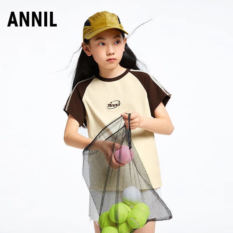 安奈儿女童装圆领短袖针织衫T恤2025夏季款休闲弹力上衣潮酷百搭