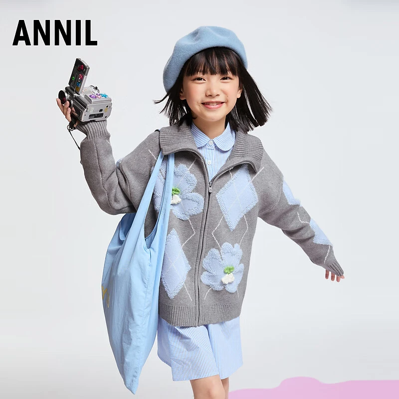 安奈儿女童装翻领开衫毛衣外套2025冬季新款休闲保暖甜美百搭