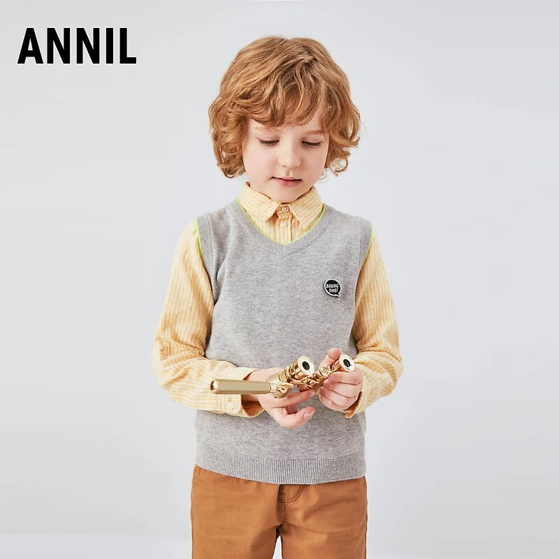 安奈儿男童装V领纯棉线背心马甲2024秋冬新款针织保暖坎肩