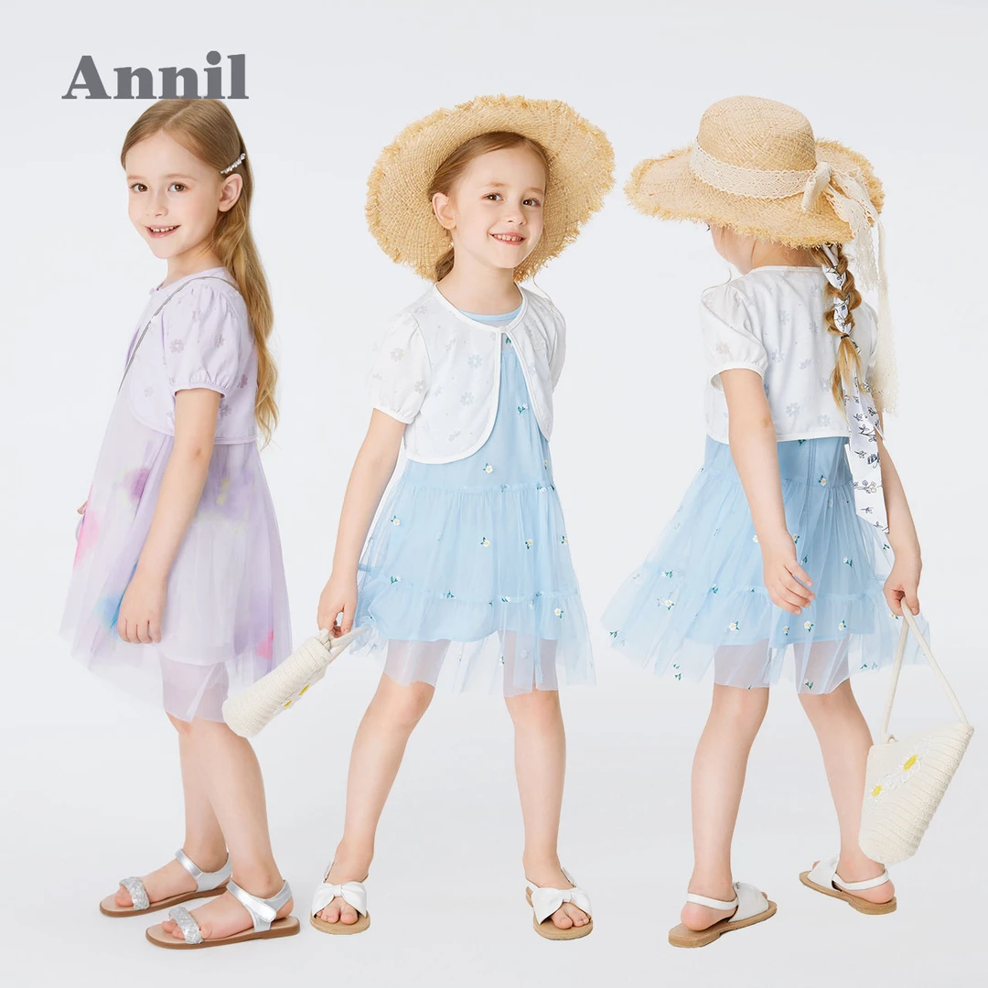 安奈儿女童披肩外套2024夏季学生坎肩白色外搭上衣休闲透气镂空