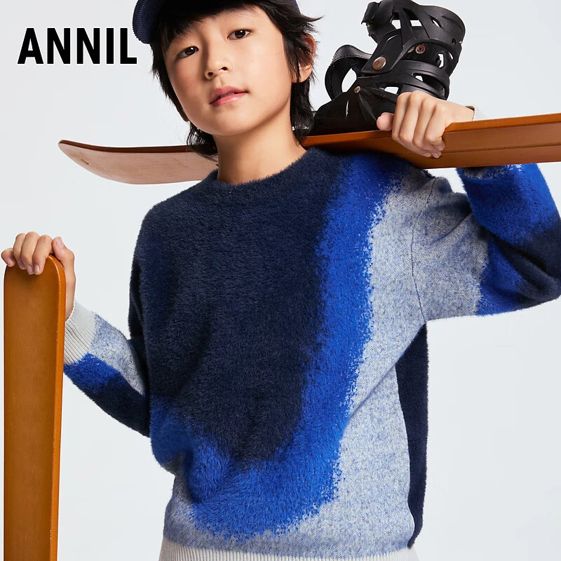 安奈儿男童装防貂绒毛衣针织衫2024冬新款休闲保暖上衣撞色潮酷