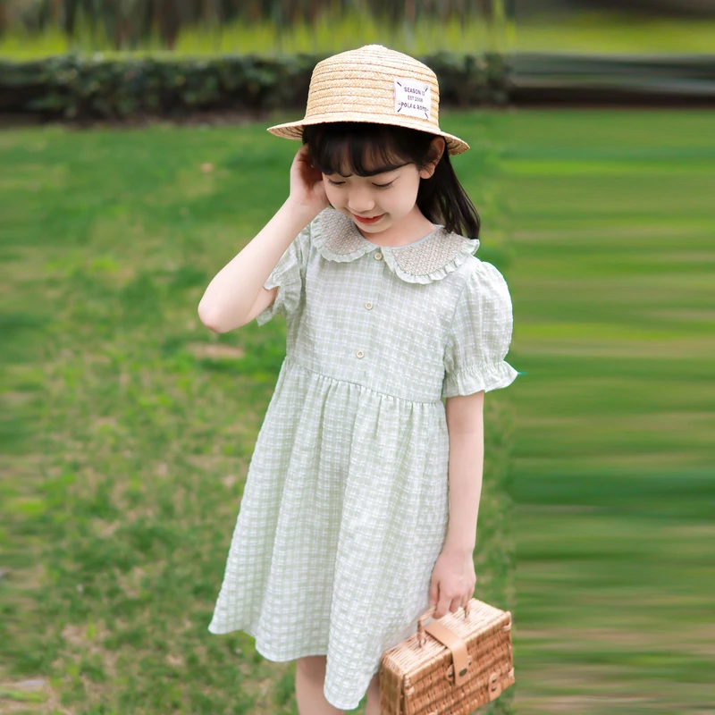 安奈儿女童装翻领短袖连衣裙2024夏季新款清新A字裙休闲格子裙