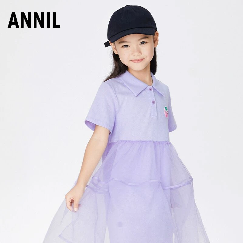 商场同款安奈儿女童装翻领短袖连衣裙2023夏季新款polo网纱蛋糕裙
