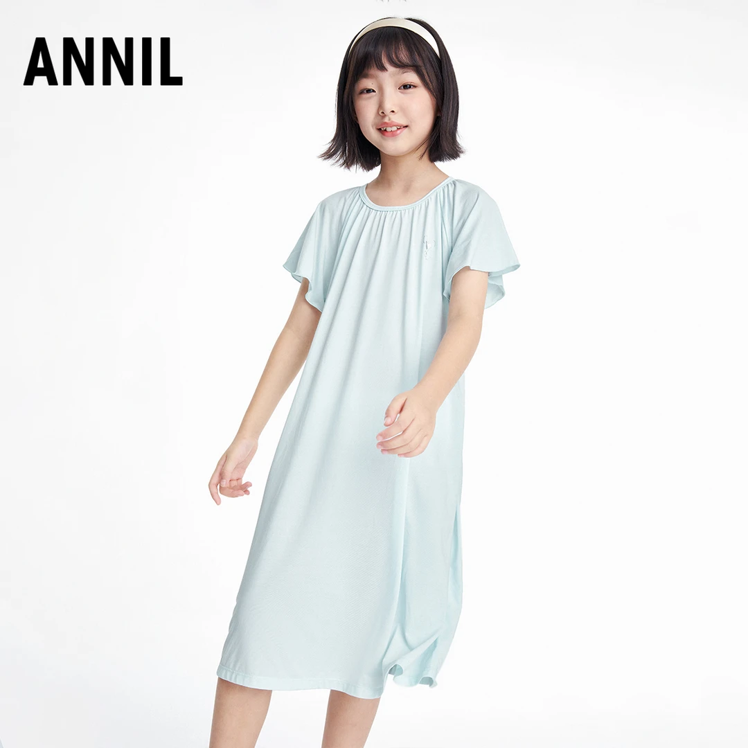 ANNIL/安奈儿中大女童短袖睡裙2023夏季新款家居服连衣裙莫代尔