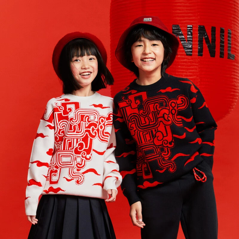 安奈儿男女童圆领红色毛衣2025春新款保暖中国风喜庆针织衫中大童