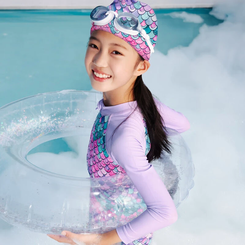 安奈儿女童装连体式游泳衣泳帽套装2024夏季新款弹力甜美保守长袖