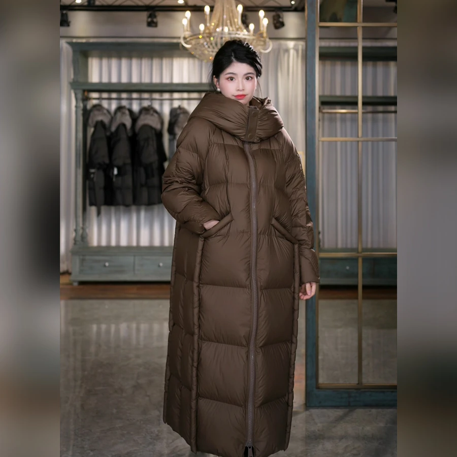 秋冬加厚保暖鹅绒时尚休闲连帽可脱卸宽松休闲过膝中长款时尚