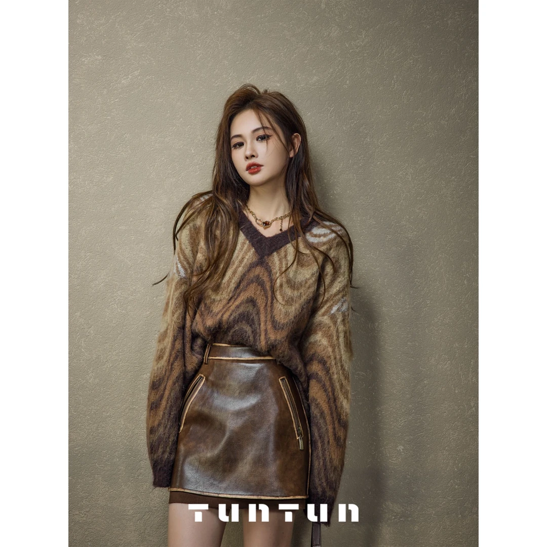 吞吞TUNT【观山野】奔赴旷野 个性双层拼接擦色皮短裙