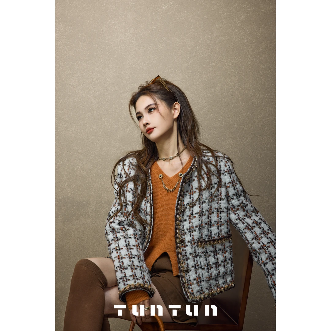 吞吞TUNT【古董店】老钱格调 法式高级感渐变千鸟格小香外套