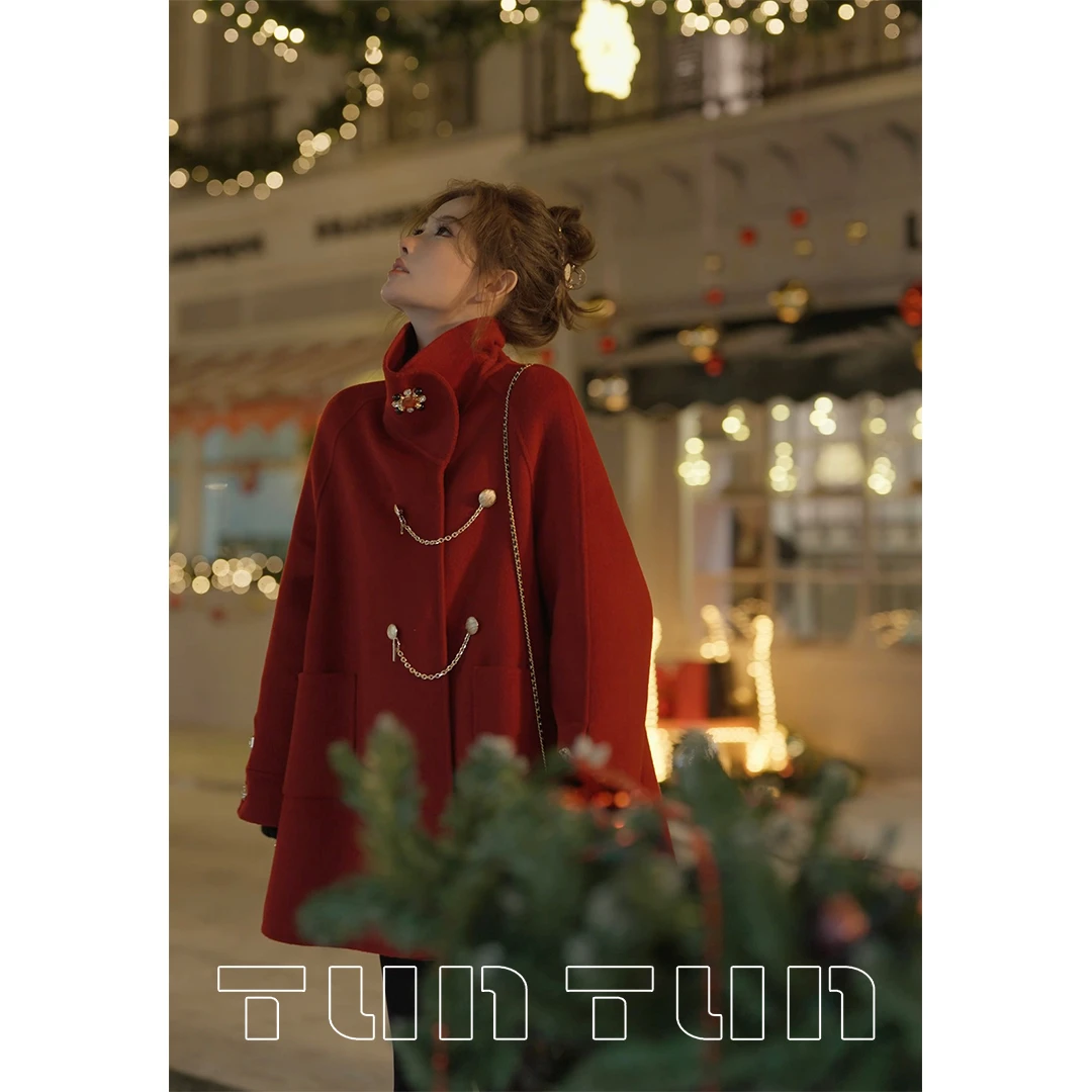 吞吞TUNT【新愿之约 红色】节日惊喜 精致轻奢A字双面呢大衣