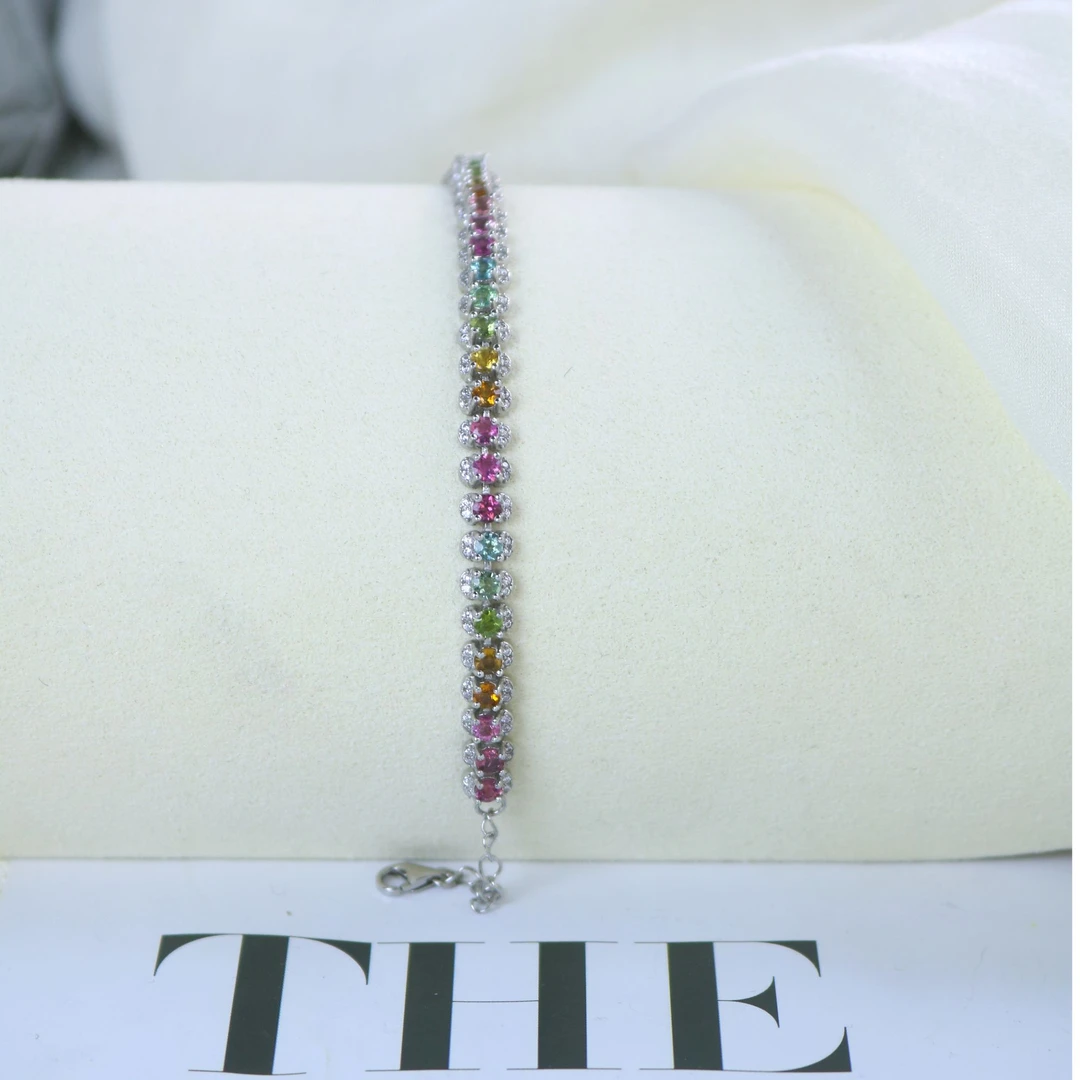 ［如一珠宝］宽版彩色圆切爆闪碧玺手链时尚气质百搭简约