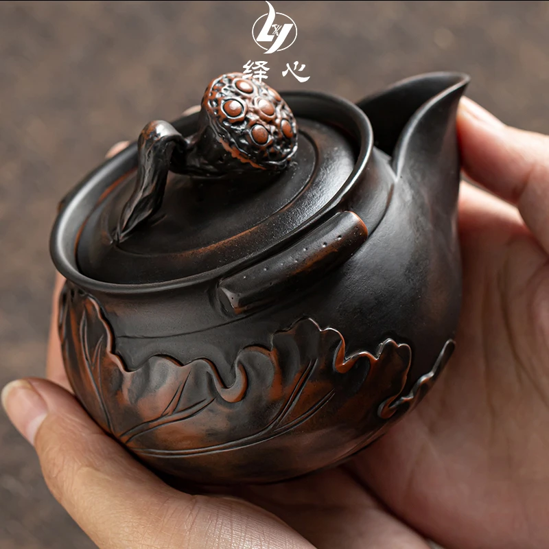 绎心高档紫陶茶壶浮雕手抓壶荷叶复古中式创意功夫茶具泡茶壶大号