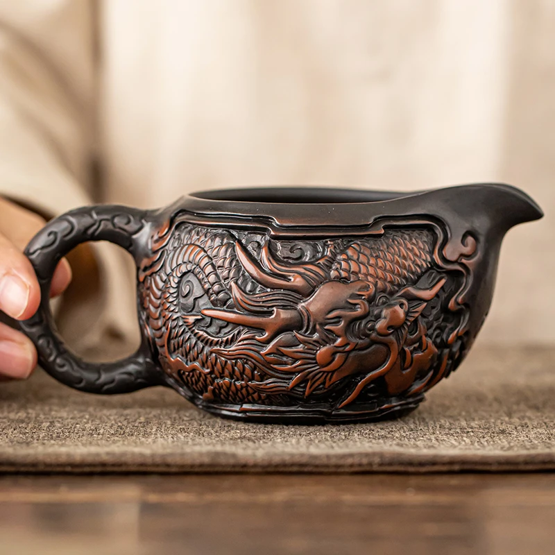 绎心创意紫陶龙凤呈祥公道杯雕刻分茶器公杯茶海高档功夫茶具配件