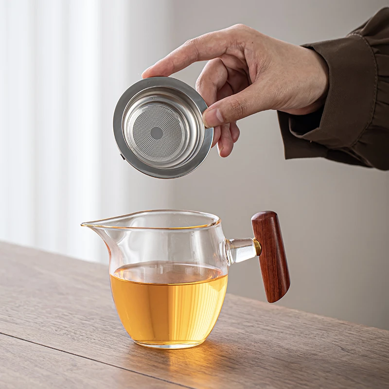 加厚耐热玻璃木把公道杯家用创意茶漏滤网一体茶海分茶器茶具配件